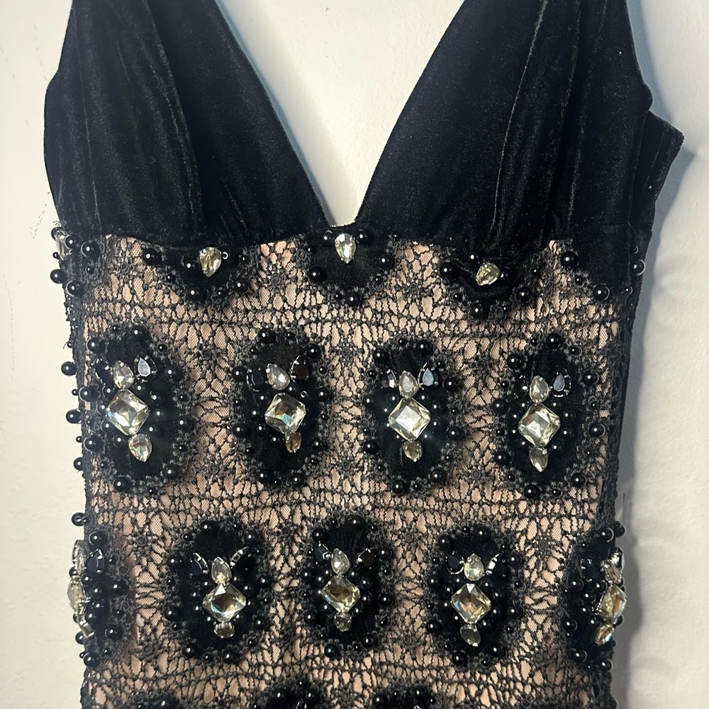 NWT PATBO black velvet fringe mini dress hand beaded rhinestone crochet Gatsby - Picture 9 of 16